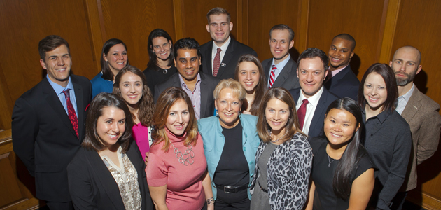 Past and present institute leaders with Pam Brewer (center) include Alexis Siemons ’05 (front row, L-R), Allyssa Grimbilas Tzavlakis ’01, Carrie Damico Casey ’00, Jade Saybolt ’16; (second row, L-R)--Lauren Howland ’11, Mevan Jayasinghe ’08, Caitlin Flood ’12, Nick Keller ’09, Amanda Pisetzner ’10; (third row, L-R)--Corey Spera ’15, Colleen Walsh Cardella ’06, Meghan Ramsey ’04, Brad Bormann ’14, James Kohl ’97, Glen Robinson ’13, and Matt Plunkett ’99. 