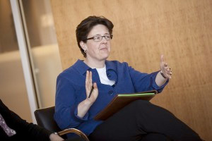 Mary Armstrong, associate professor and chair of women's and gender studies, moderates a discussion of artists' books during Women's History Month.