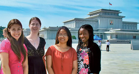 Melissa Drennan ’12, Margaret Abelkop ’14, Ha Nguyen ’13, Lorre-Ann Fisher ’12 near Kumsusan Memorial Palace in North Korea.
