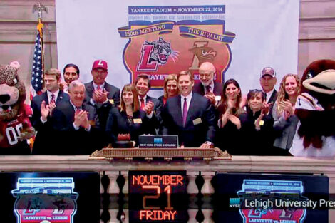 Lafayette College President Alison Byerly with College officials at the New York Stock Exchange