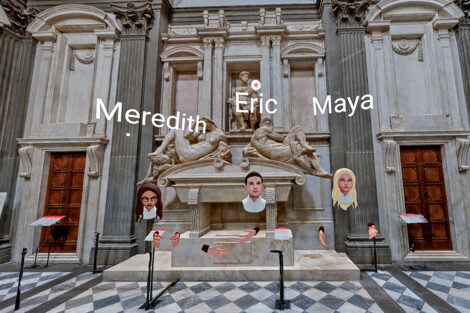 A digital Prof. Eric Hupe (middle) and student avatars in the 3D virtual reality model of a Medici Chapel, viewing it from a Lafayette College classroom.