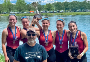 Elizabeth Good ’22, Abby Hammel ’23, Lauren Salbinski ’23, Haley Simpson ’22, and Erika Nally ’22 with coach Rick Kelliher